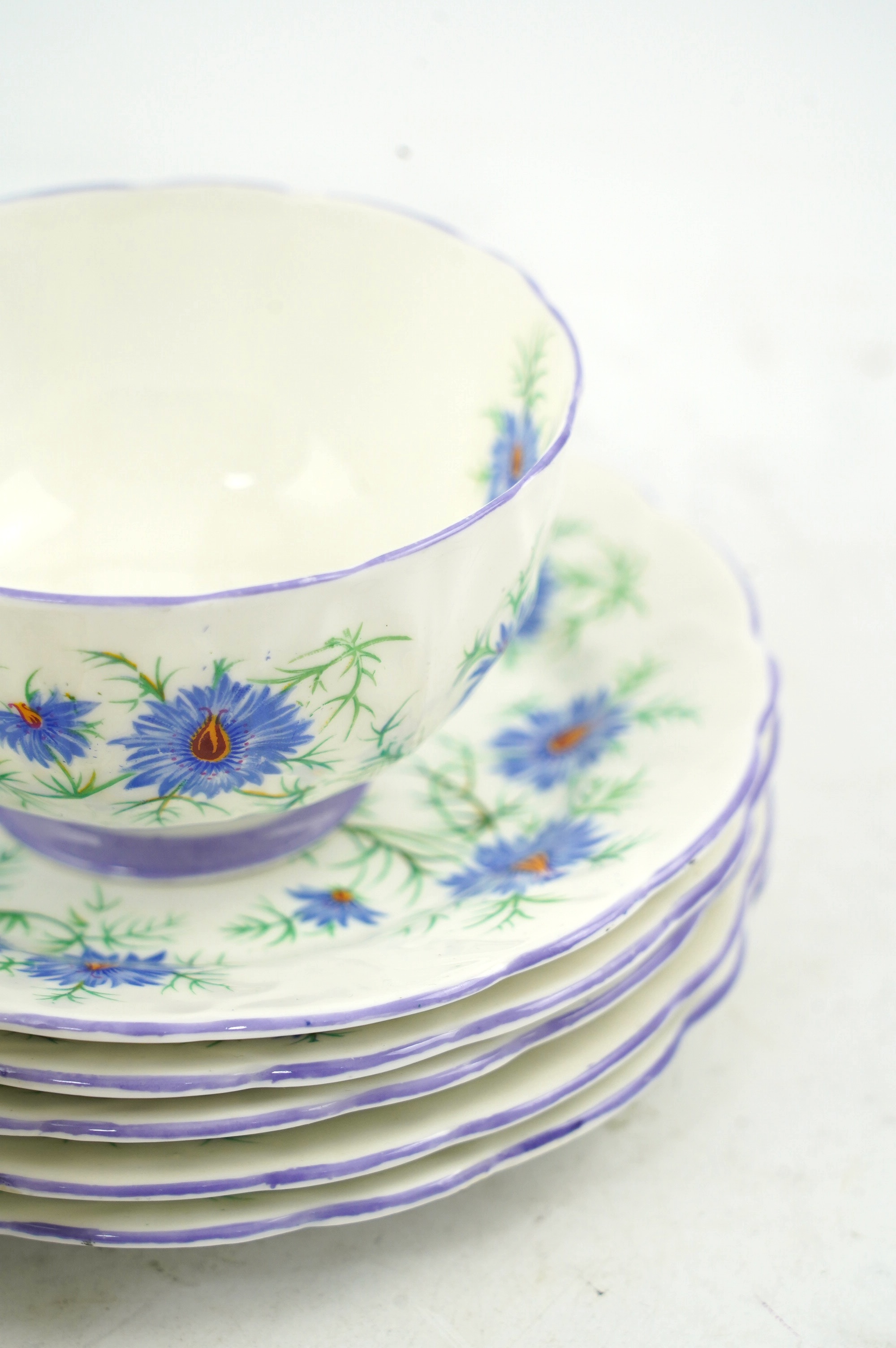 An Art Deco Aynsley cornflower pattern bone china twenty piece part tea set with butterfly handles